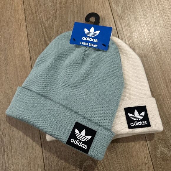 adidas Women's 2 Pack Grove Knit Cuff Beanies Green White NEW - Picture 1 of 6